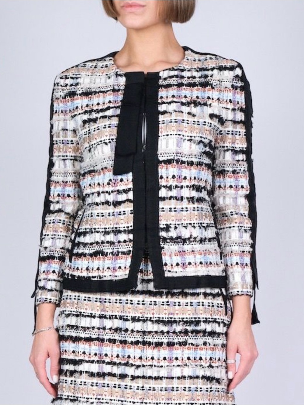 Oscar de la Renta Black and Multicolor Tweed Fringe Jacket